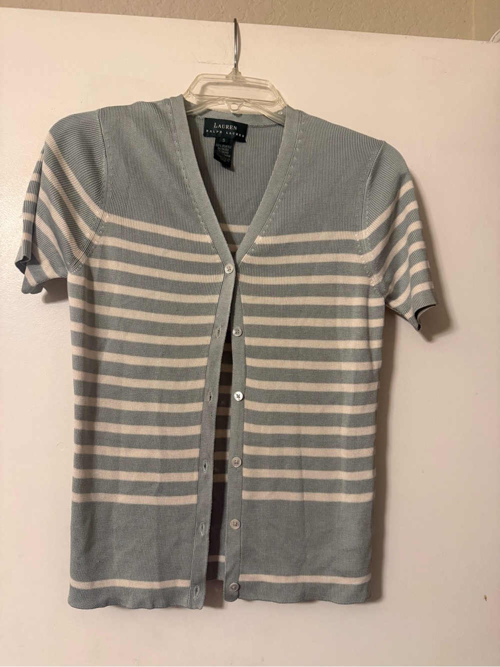 Ralph Lauren Striped Light Blue & White Short-Sleeve Cardigan 100% Spun Silk